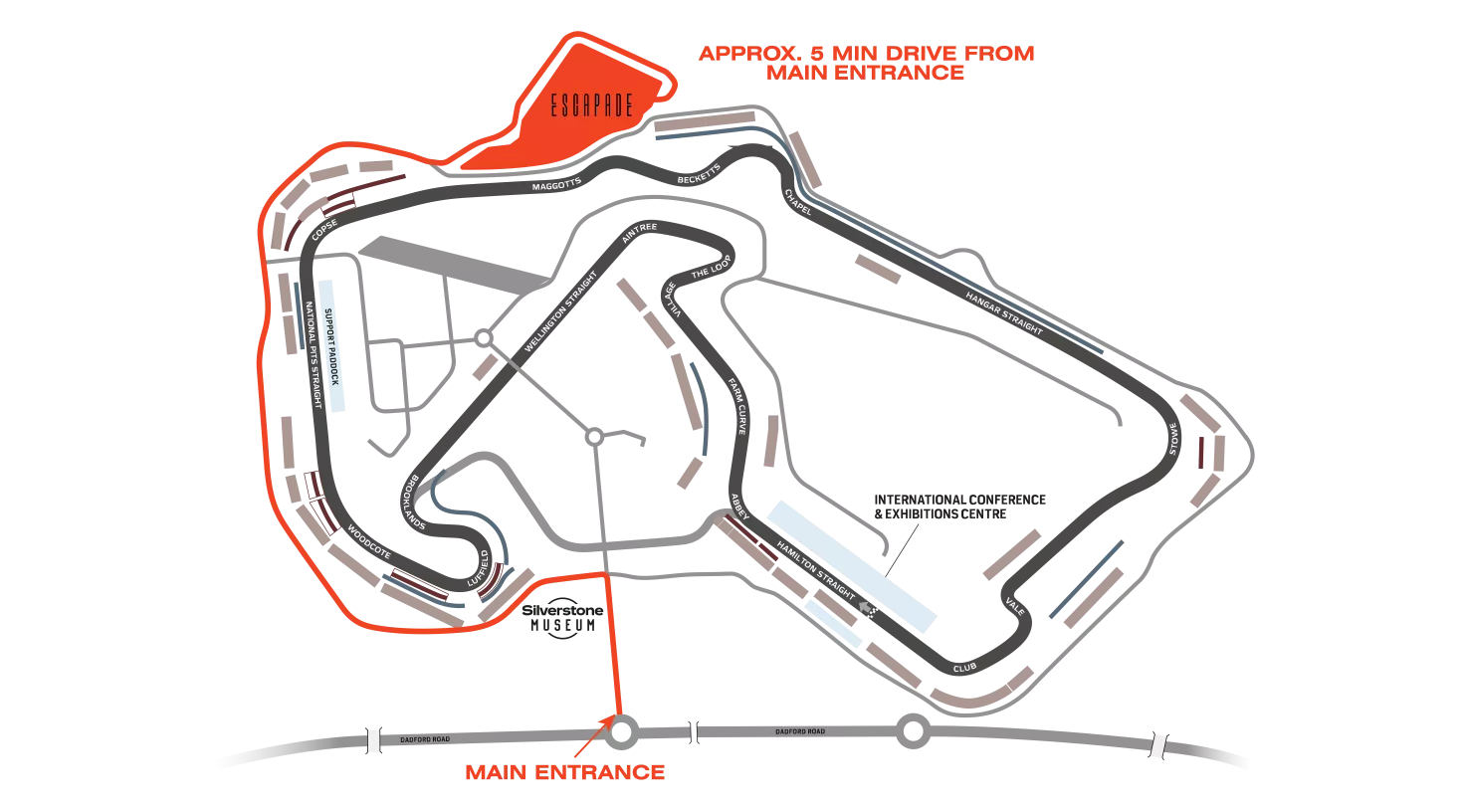 map from silverstone main gate to escapade